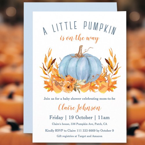 Little Pumpkin Is On The Way Blue Boy Baby Shower Invitation