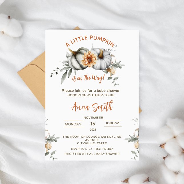  little Pumpkin Is on The Way Fall  Baby Shower  Invitation (simple clean minimal little pumpkin baby shower girl boy twin chic fall autumn thanksgiving theme)