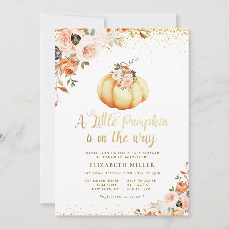 little pumpkin is on the way floral baby shower invitation | Zazzle