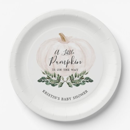 Little Pumpkin Is On The Way Greenery Baby Shower Paper Plates