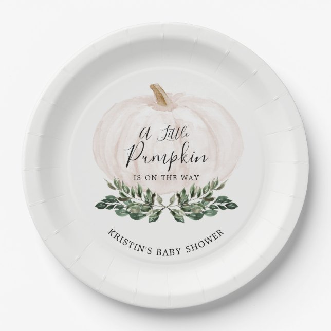 Little Pumpkin Is On The Way Greenery Baby Shower Paper Plates (Front)