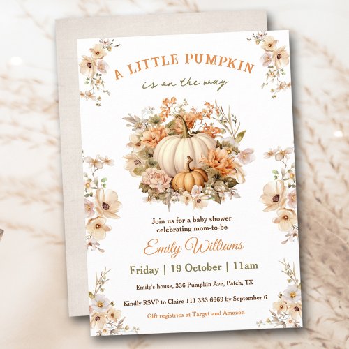 Little Pumpkin Is On The Way Neutral Baby Shower Invitation
