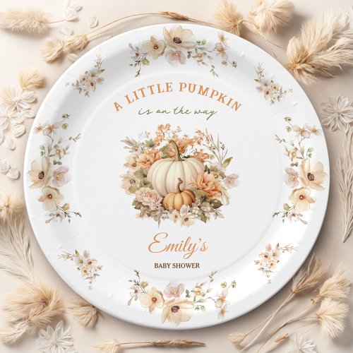 Little Pumpkin Is On The Way Neutral Baby Shower Paper Plates