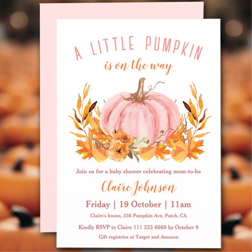 Little Pumpkin Is On The Way Pink Girl Baby Shower Invitation