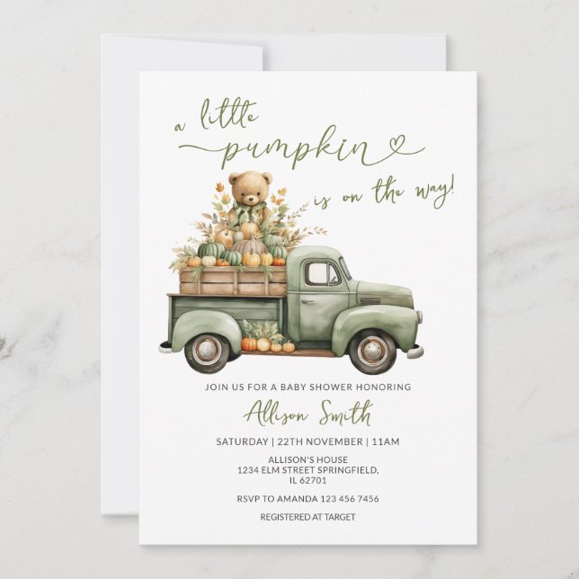 Little Pumpkin Is On The Way Truck Baby Shower Invitation (Front)