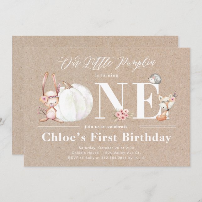 Little Pumpkin is One Fall Birthday Invitations (Front/Back)
