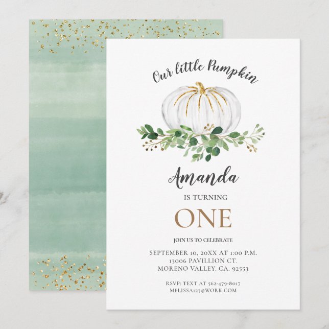 Little Pumpkin is Turning One Birthday Invitation (Front/Back)