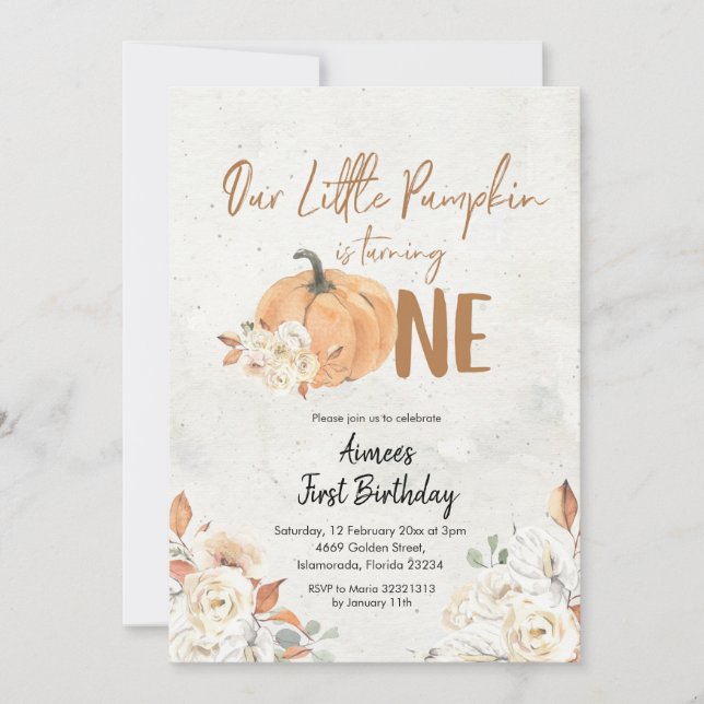 Little Pumpkin is Turning One Girl Birthday Invitation (Front)