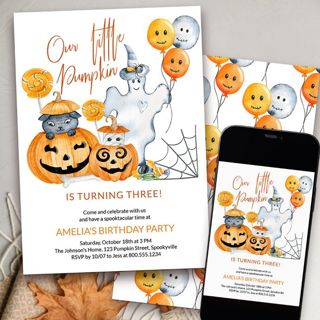 Little Pumpkin is Turning Three Halloween Birthday Invitation (Our Litlte Pumpkin kids birthday invitation)
