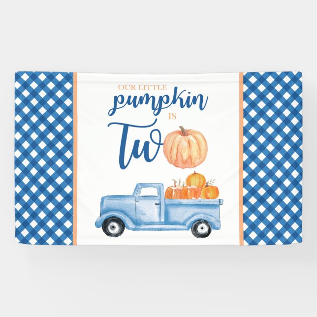 Little Pumpkin is TWO 2nd Birthday blue truck Banner (Horizontal)