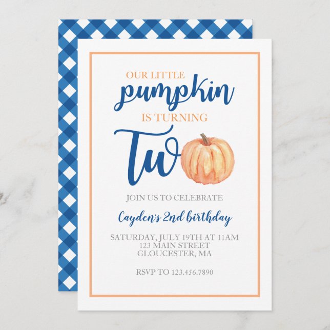 Little Pumpkin is Two Blue Fall 2nd Birthday Invitation (Front/Back)