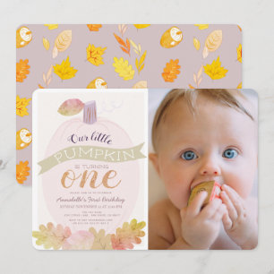Little Pumpkin Lavender Pink 1st Birthday Photo Invitation