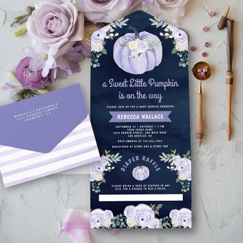 Little Pumpkin Lavender Roses Navy Baby Shower All In One Invitation