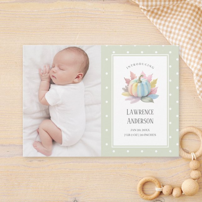 Little Pumpkin Light Sage Green 2 Photo Birth Announcement (Creator Uploaded)