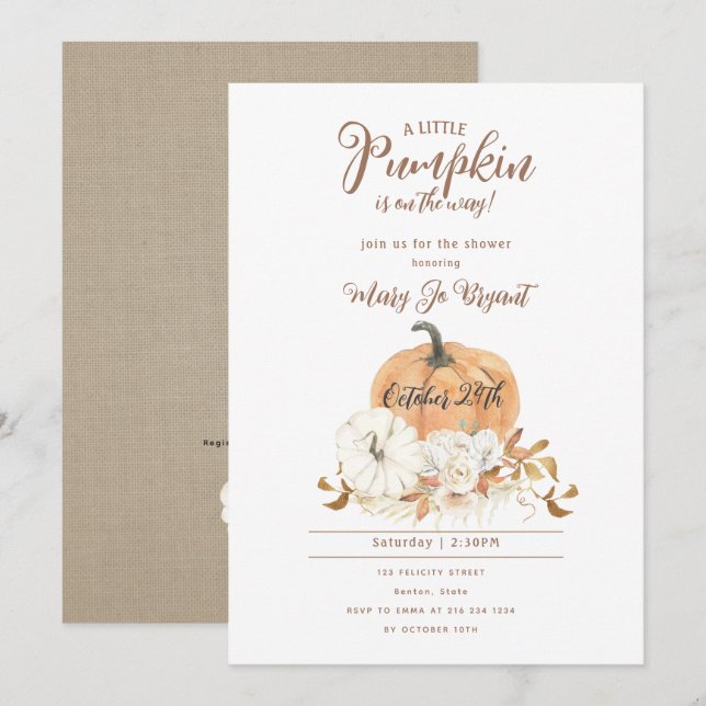 Little Pumpkin Linen & White Pumpkin Baby Shower Invitation (Front/Back)