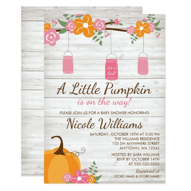 Little Pumpkin Mason Jars Fall Girl Baby Shower Invitation