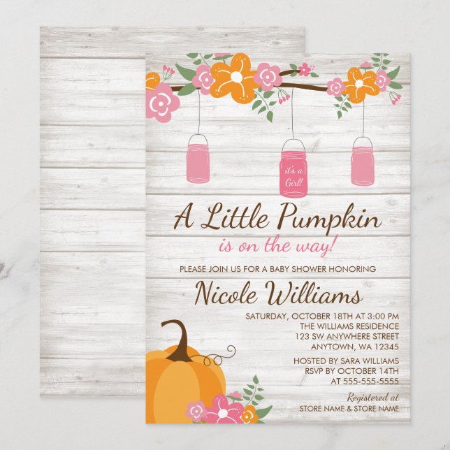 Little Pumpkin Mason Jars Fall Girl Baby Shower Invitation (Front/Back)