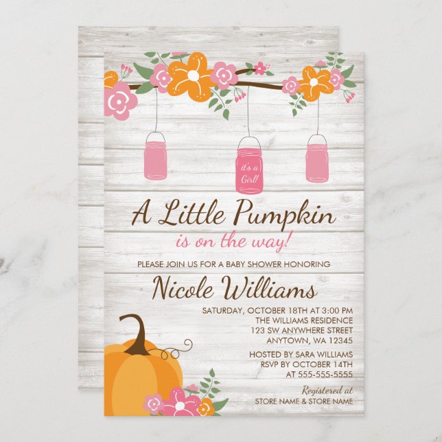Little Pumpkin Mason Jars Fall Girl Baby Shower Invitation (Front/Back)