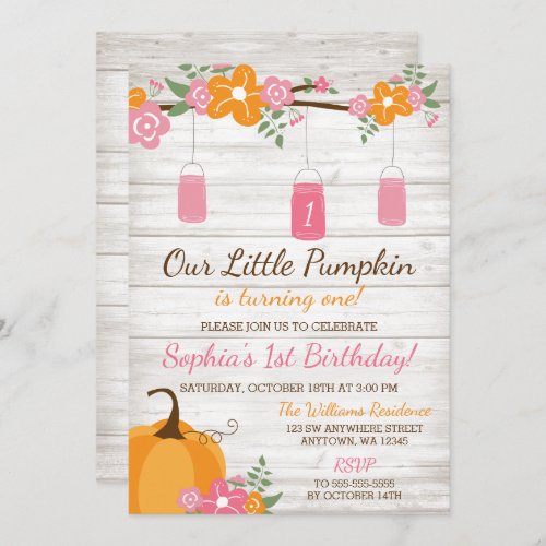 Little Pumpkin Mason Jars Fall Girl First Birthday Invitation