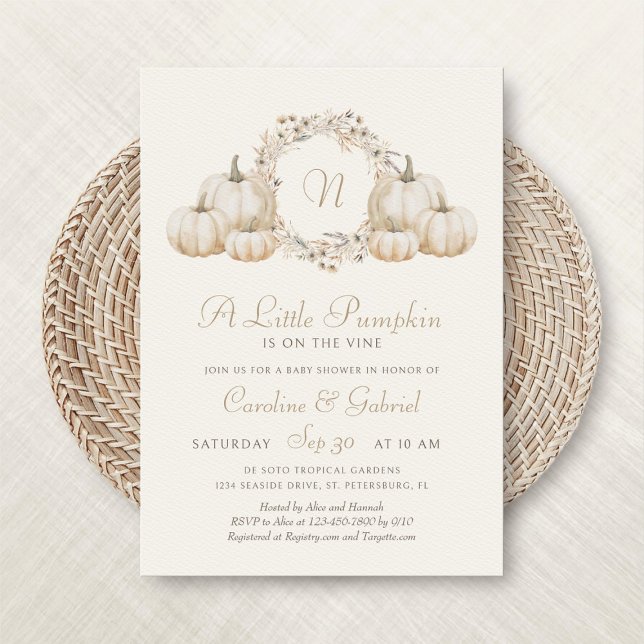 Little Pumpkin Minimalist Monogram Baby Shower Invitation (Creator Uploaded)