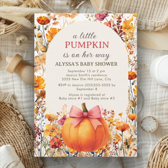 Little Pumpkin on Her Way Arch Autumn Baby Shower Invitation ("Little Pumpkin" watercolor floral baby girl baby shower invitation)