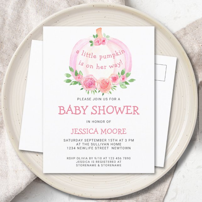 Little Pumpkin On Her Way Baby Shower Invitation Postcard (Creator Uploaded)