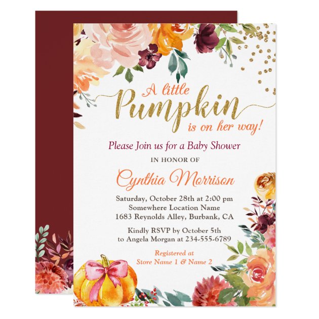 Little Pumpkin On Her Way Fall Floral Baby Shower Invitation