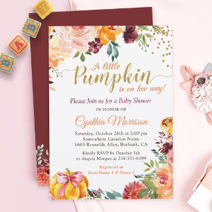 Little Pumpkin on Her Way Fall Floral Baby Shower Invitation