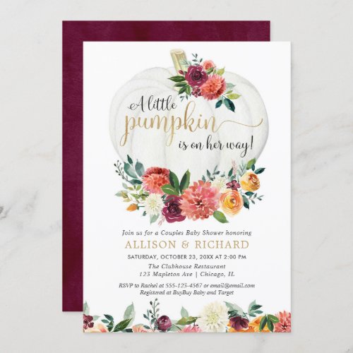 Little pumpkin on her way fall floral girl baby invitation