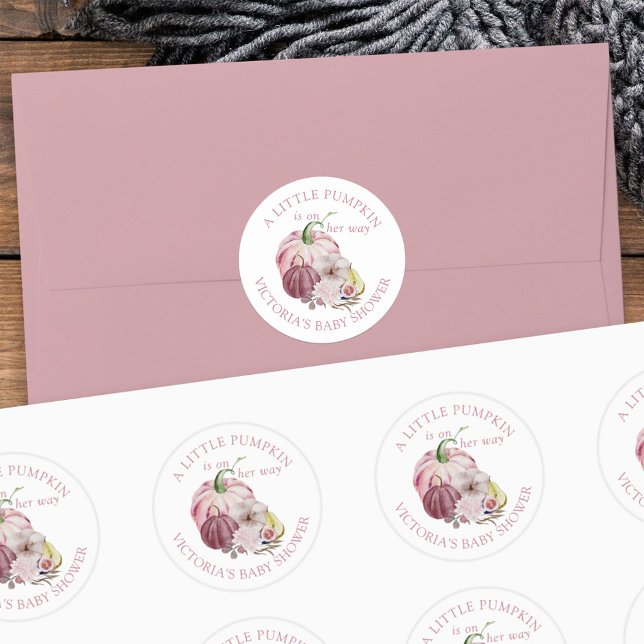 Little Pumpkin On Her Way Pink Baby Shower Classic Round Sticker (Fall baby shower stickers from my Little Pumpkin collection)