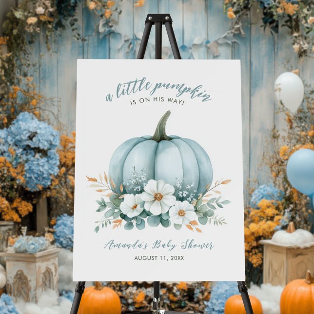 Little Pumpkin on His Way Boy Baby Shower Welcome  Foam Board (Baby shower welcome sign with blue pumpkin, white florals, and fall decorations.)