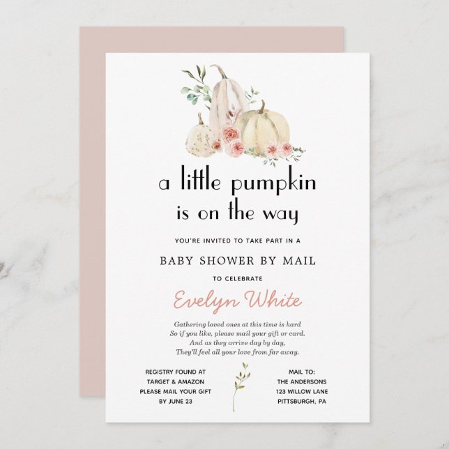 Little Pumpkin on the Way Baby Shower by Mail Invi Invitation (Front/Back)