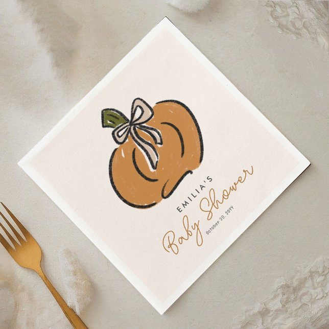 Little Pumpkin On The Way Baby Shower Napkins (A sweet little pumpkin is on the way! Cute Halloween baby shower personalized paper napkins.)