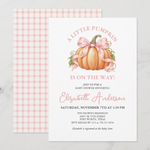 Little Pumpkin on the Way Baby Shower Pink Bow Invitation