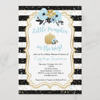 Little Pumpkin On The Way- Blue And Gold- Boy Invitation by Pixabelle at Zazzle