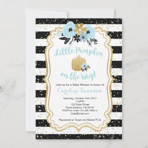Little Pumpkin on the Way_ Blue and Gold_ Boy Invitation