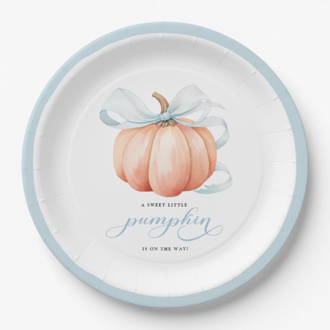 Little Pumpkin on the Way Blue Bow Baby Shower Paper Plates (Front)