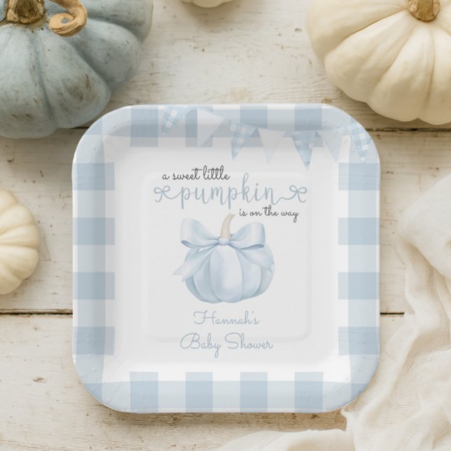 Little Pumpkin on the Way Blue Bow Baby Shower Paper Plates (Creator Uploaded)