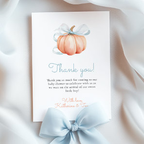Little Pumpkin on the Way Blue Bow Boy Baby Shower Thank You Card