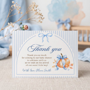 Little Pumpkin on the Way Blue Bow Boy Baby Shower Thank You Card