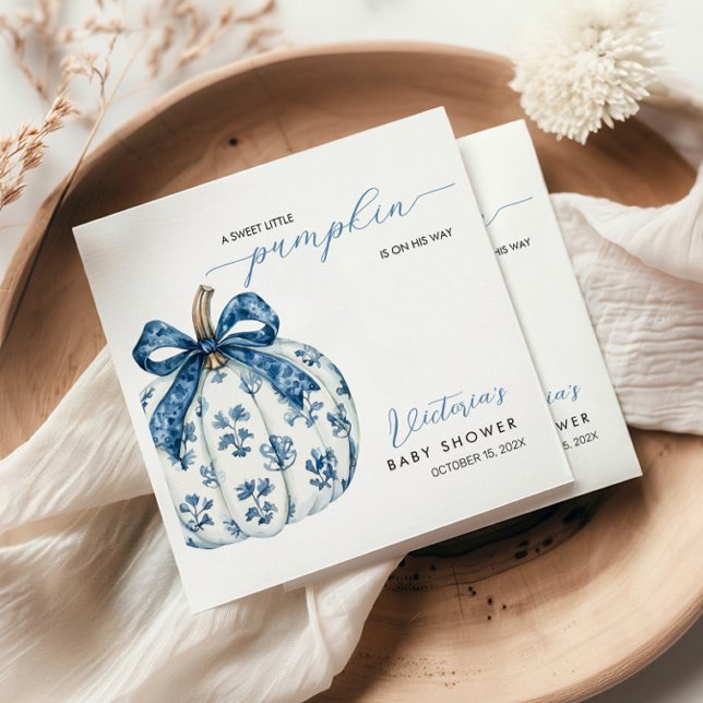 Little Pumpkin on the Way Boy Baby Shower Blue Bow Napkins (Creator Uploaded)