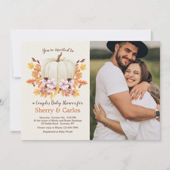Little Pumpkin On The Way Couple Baby Shower Photo Invitation (Front)