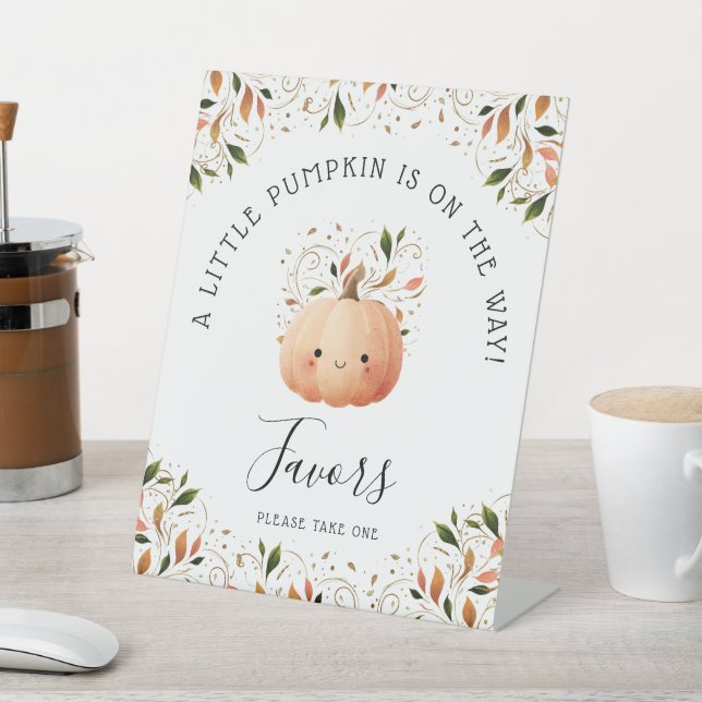 Little Pumpkin on the Way Fall Baby Shower Favors Pedestal Sign (In SItu)