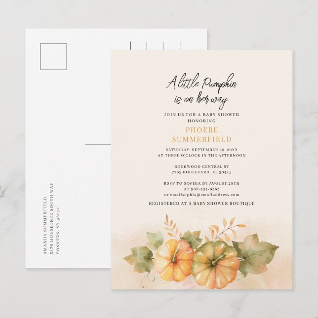 Little Pumpkin On the Way Fall Baby Shower Invitation Postcard (Front/Back)