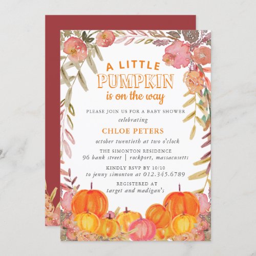 Little Pumpkin on the Way Fall Floral Baby Shower Invitation