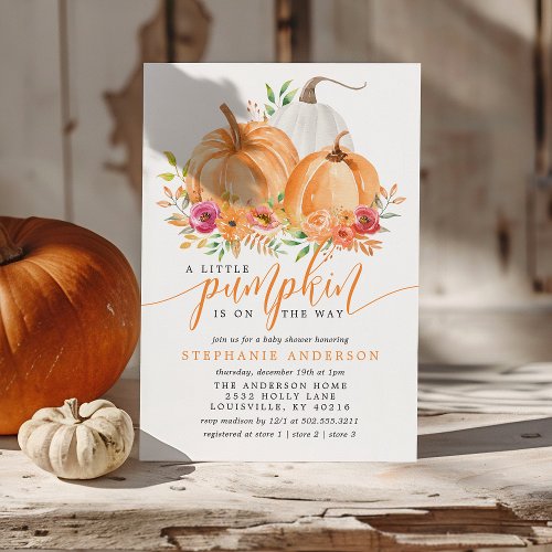 Little Pumpkin On The Way Fall Floral Baby Shower Invitation