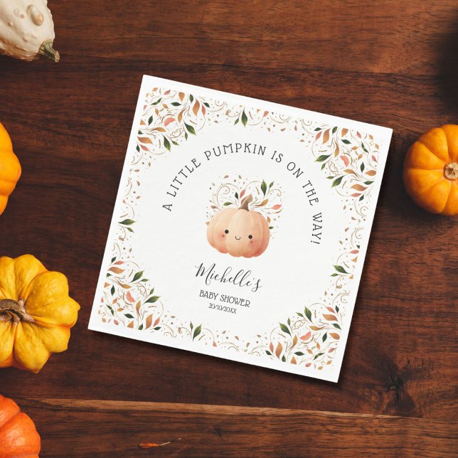 Little Pumpkin on the Way Fall Floral Baby Shower Napkins (CUTE WATERCOLOR KAWAI PUMPKIN FALL BABY SHOWER)