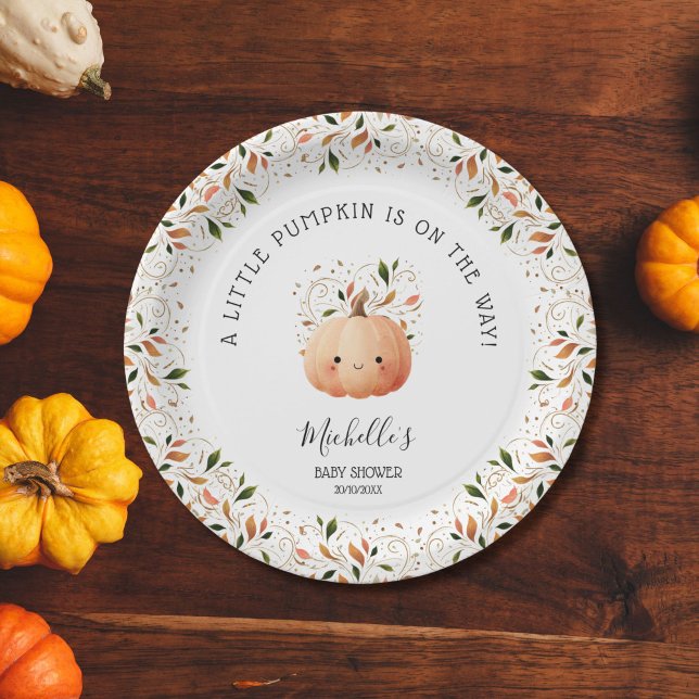 Little Pumpkin on the Way Fall Floral Baby Shower Paper Plates (CUTE WATERCOLOR KAWAI PUMPKIN FALL BABY SHOWER)