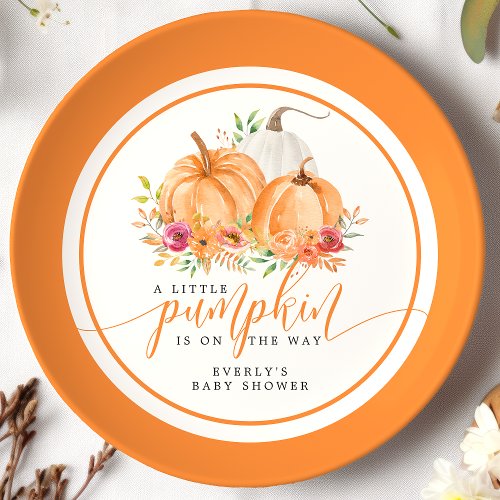 Little Pumpkin On The Way Fall Floral Baby Shower Paper Plates