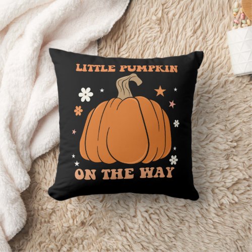 Little Pumpkin On The Way Fall Pregnancy Groovy Throw Pillow